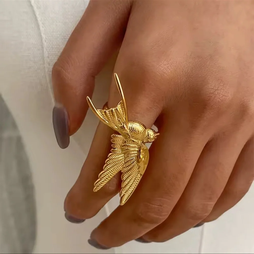 Swallow Peace Bird 18k Gold Stainless Steel Ring, Earrings, Necklace Set - Picture 9 of 17